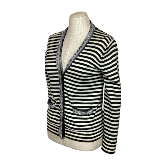 J Crew 100% Wool Button Cardigan Striped Long Sleeve Black White - Picture 3 of 13